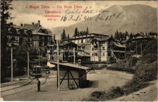 1912 Tátrafüred, Ótátrafüred, Altschmecks, Stary Smokovec (Magas-Tátra, Vysoké Tatry); Ótátrafüred villamos vasútállomás, megállóhely / tram station, tramways, railway station (EK)