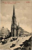 1910 Újvidék, Novi Sad; Római katolikus templom, piac, Regényi István üzlete. Urbán Ignác kiadása / church, market, shop (EK)