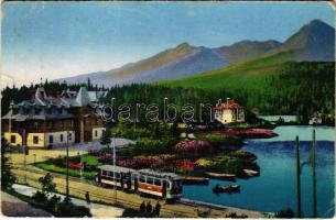 Tátra, Magas-Tátra, Vysoké Tatry; Strbské pleso / Csorba-See / Csorba-tó, villamos / tram (gyűrődés / crease)