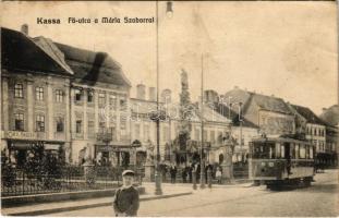 1915 Kassa, Kosice; Fő utca, Mária szobor, villamos, óra és ékszer üzlet, Serebrenik, Váry Gyula, Gradovna Gy. üzlete / main street, shops, statue, tram (Rb)