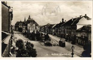 1930 Kassa, Kosice; Hlavná ul. / Fő utca, színház, villamos, üzletek / main street, theatre, tram, shops