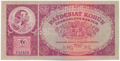 Csehszlovákia 1929. 50K "SPECIMEN (MINTA)" perforációval "Ta 747575" T:UNC  Czechoslovakia 1929. 50 Korun with "SPECIMEN" perforation "Ta 747575" C:UNC Krause 22.s