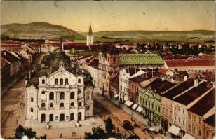 1926 Kassa, Kosice; Színház és Fő utca, villamos, üzletek / Divadlo i Hlavna ulica / Theater und Hauptstraße / theatre, main street, tram, shops (b)