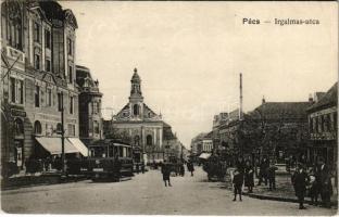 Pécs, Irgalmas utca, villamos, üzletek. Blancz József kiadása (Rb)