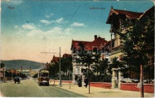 1918 Pécs, Indóház utca, villamos. Vasúti levelezőlapárusítás 92. sz. 1915. (ragasztónyom / glue marks)