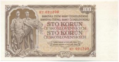 Csehszlovákia 1953. 100K három lyukkal perforált minta, "HT 021709" T:UNC,AU Czechoslovakia 1953. 100 Korun specimen perforated with three holes, "HT 021709" C:UNC,AU  Krause 86.s