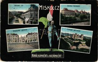 1915 Miskolc, Erzsébet tér, Gyalogsági laktanya, személy pályaudvar, vasútállomás, Diósgyőri vár romjai. Királyunkért és hazánkért hazafias montázs magyar zászlós katonával, Grünwald Ignác kiadása (r)