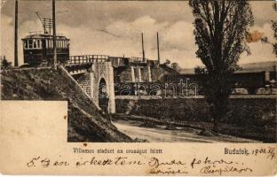 1902 Budapest XXII. Budafok, villamos viadukt az országút felett, vasút, tehervonat (fl)