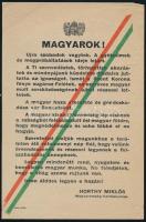 1938 "Magyarok! Újra szabadok vagytok!" A felvidéki bevonulás alkalmából nyomtatott szórólap Horthy Miklós ünnepélyes szavaival, 14x21 cm