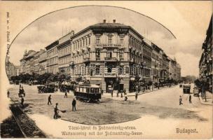 1903 Budapest VI. Váci körút és Podmaniczky utca, villamos, utcaseprő, Teutsch B. József erdélyi borai, Weiss és Társa betéti társaság. Divald Károly 246. sz. (fl)