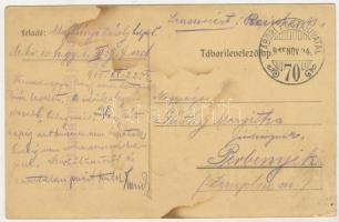 1915 A 10-es honvéd üzenete... Sassy Csaba. Tábori levelezőlap + "Tábori Postahivatal 70" ...
