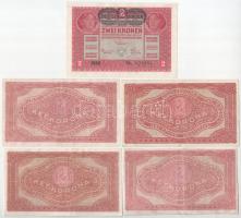 1917. 2K zöld "DEUTSCHÖSTERREICH" felülbélyegzéssel + 1920. 2K (4x) az egyik halvány, elmo...