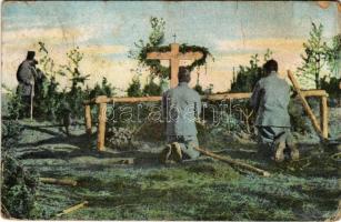 1916 Ima az elesett hősök lelki üdvéért, első világháborús hősök temetője katonákkal / WWI Austro-Hungarian K.u.k. military cemetery, soldiers praying (szakadás / tear)