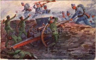 1915 Orosz ágyúk elfoglalása osztrák-magyar csapatok által / Eroberung einer russischen Batterie durch österreichisch-ungarische Truppen / WWI Austro-Hungarian K.u.K. military art postcard, capture of Russian flags. B.K.W.I. 259-17. s: Robert Wosak (EK)