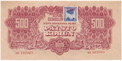 Csehszlovákia 1944. 500K "SPECIMEN" perforációval és Masarykot ábrázoló "E" jelzésű bélyeggel, rajta vörös "500" felülbélyegzéssel "A0 102003" T:XF Czechoslovakia 1944. 500 Korun with 'SPECIMEN" perforation, with an "E" stamp depicting Masaryk, with a red "500" overstamp on it, "A0 102003" C:XF  Krause 55.s