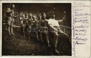 1917 A Miskolci 10. honvéd gyalogezred katonai tábora, humoros pózolás / WWI Austro-Hungarian K.u.k. military camp, soldiers posing. photo (EK)