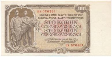 Csehszlovákia 1953. 100K három lyukkal perforált minta, "HS 020581" T:UNC  Czechoslovakia 1953. 100 Korun specimen perforated with three holes "HS 020581" C:UNC  Krause 86.s