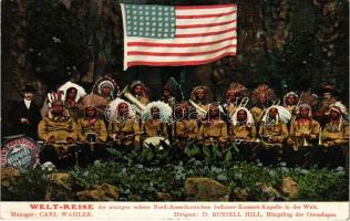 1910 Welt-Reise der einzigen echten Nord-Amerikanischen Indianer-Konzert-Kapelle in der Welt. Manager Carl Wahler. Dirigent D. Russell Hill, Häuptling der Onondagas / Native American music band (EK)