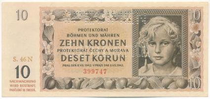 Német Harmadik Birodalom / Cseh-Morva Protektorátus 1942. 10K "S. 46 N 399747", "SPECIMEN (MINTA)" perforációval T:AU German Third Reich / Protectorate of Bohemia and Moravia 1942. 10 Korun "S. 46 N 399747" with "SPECIMEN" perforation C:AU  Krause 8.s