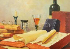 Szepesi Andor (1954-): Könyves csendélet. Olaj, farost. Jelezve jobbra lent. Hátoldalán autográf fel...