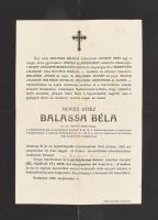 1924 vitéz Balassa Béla m. kir. honvéd altábornagy halálozási értesítője