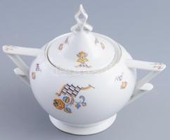 Cukordoboz, német art deco, kézzel festett, kopással 18x16 cm