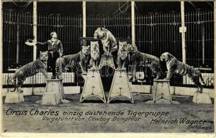 1912 Circus Charles einzig dastehende Tigergruppe. Vorgeführt von Cowboy Dompteur Heinrich Wagner / Circus with trained tigers (EK)