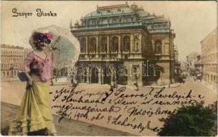 1904 Budapest VI. Szoyer Ilonka az Operaház előtt, montázs