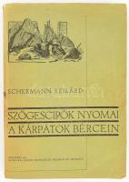 Schermann Szilárd: Szögescipők nyomai a Kárpátok bércein. Két térképmelléklettel és 163 képpel. Karafiáth Jenő előszavával. Bp., 1937,Szerzői, (Bethlen-ny.). XVI+360 p. +40 (kétoldalas fekete-fehér képtáblák) t. Számos fekete-fehér fotóval illusztrált. +2 (térkép-melléklet: "Az északkeleti Felvidék térképvázlata" és "Az északnyugati Felvidék térképvázlata", terv.: Serényi Péter, 1935., 1 : 750.000. , M. Kir. Állami Térképészet. 45x35 cm és 49x35 cm.) t. Kiadói papírkötés, a hátsó borítón hajtásnyommal, az elülső borító tetején szakadással.