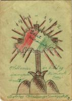 1941 Ezért küzdünk! Második világháborús kézzel rajzolt Tábori Postai Levelezőlap / WWII Hungarian hand-drawn military field postcard, irredenta propaganda (EB)