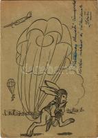 1943 Kellemes húsvéti ünnepeket! Második világháborús Tábori Postai Levelezőlap / WWII Hungarian military field postcard with Easter greeting, paratrooper rabbit (szakadások / tears)