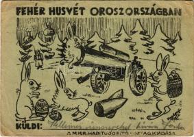 Fehér húsvét Oroszországban. Második világháborús Tábori Postai Levelezőlap. M. kir. haditudósító osztag kiadása / WWII Hungarian military field postcard with Easter greeting from Russia, rabbits (EB)