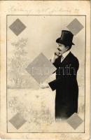 1905 Francia kártya, káró, úriember montázs / French card, Tiles, gentleman montage (fl)