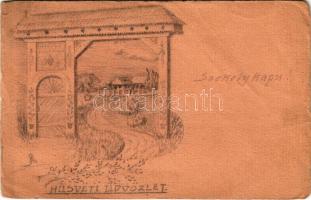 1917 Húsvéti üdvözlet! Székelykapu. Kézzel rajzolt Tábori Postai Levelezőlap / WWI Austro-Hungarian K.u.K. military, hand-drawn field postcard with Easter greetings, Transylvanian carved wooden gate (EM)