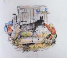 Hollóházi mesemintás bögre, jelzett, kopással, m: 7,5 cm