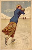 Ice skating lady, winter sport. Italian lady art postcard. Anna & Gasparini 474-3.