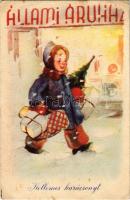 1951 Kellemes karácsonyt! Szocreál propaganda, Állami Áruház reklámlap. Művészeti Alkotások / Hungarian communist propaganda, Christmas greeting art postcard, advertisement (EK)