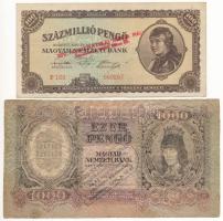 1943. 1000P "Bélyeg- és Pénzkiállítás a Pengő bevezetésének 70. és a Forint 50 éves jubileuma alkalmából - Salgótarján, 1996. X. 14-25." felülbélyegzéssel + 1946. 100.000.000P "XIV. numizmatikai hírös nap - Kecskemét, 2000. július 20." felülbélyegzéssel T:VG