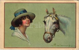 Hölgy lóval, olasz művészlap / Lady with horse. Italian lady art postcard. s: Colombo