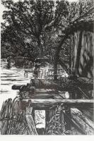 Gy. Szabó Béla (1905-1985): Nyárádszentbenedeki malomkerék. Linómetszet, papír, jelzett. Üvegezett k...