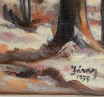 Járay Sándor (1926- ): Erdei táj. Olaj, vászon. Jelzett. Fakeretben, 36x27 cm Paszpartu felpúposodot...