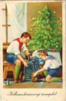 1950 Kellemes karácsonyi ünnepeket! Magyar szocialista úttörő karácsonyi üdvözlő propagandalap traktorral. Művészeti Alkotások / Hungarian socialist propaganda with Christmas greetings, pioneer movement, tractor (EB)