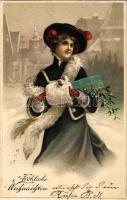 Fröhliche Weihnachten / Christmas greeting art postcard with lady. S.B. 2132. Emb. litho (lyuk / pinhole)