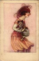 Hölgy kutyával, olasz művészlap / Lady with dog. Italian lady art postcard. s: S. Bompard (fa)