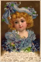 1900 Children art postcard, girl with flowers. litho (EK)