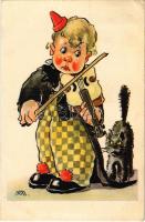 1943 Children art postcard, circus musician with cat. Cecami N. 1039. (EK)