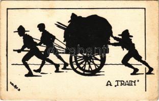 A "train". A KEG (Katolikus Egyetemi Gimnázium) cserkészcsapatok kiadása / Hungarian boy scout art postcard s: Velősy B. (EK)