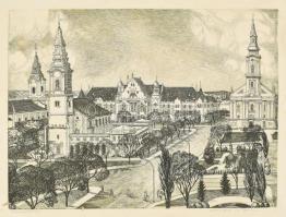 Kádas István (1941- ): Kecskemét belváros, rézkarc, papír, jelzett, 29×39,5 cm. Foltos