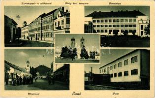 1940 Huszt, Chust, Khust; Törvényszék és adóhivatal, Görögkatolikus templom, Gimnázium, utca részlet, Posta. Káhán Jenő kiadása / court, tax office, Greek Catholic church, grammar school, street view, post office