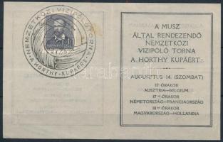 1937 Vízipóló torna a Horthy kupáért programlap Arcképek 1f bélyeggel és alkalmi bélyegzéssel